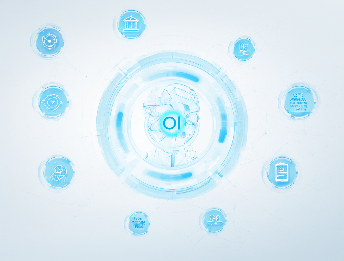 A digital illustration showing a central AI avatar processing various tasks like banking, design, healthcare slogans, and medical definitions.