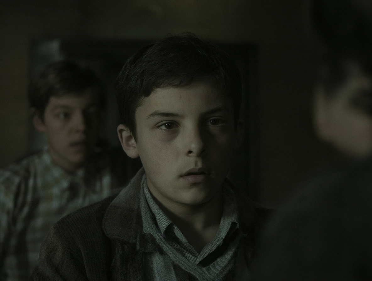 Plano cinematográfico mostrando a un estudiante en la Europa de la posguerra, con una figura borrosa detrás pronunciando sus pensamientos internos.