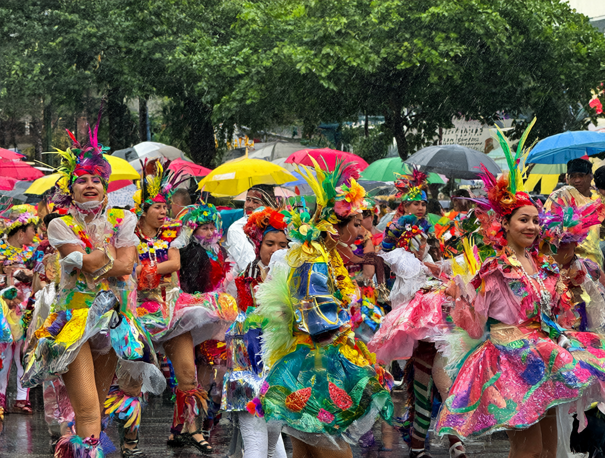 Vista de un evento al aire libre bajo la lluvia con gente disfrutando a pesar del clima