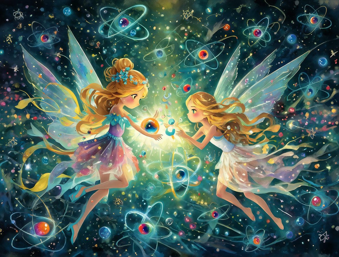 Ilustración de dos hadas flotando en un espacio cuántico brillante.