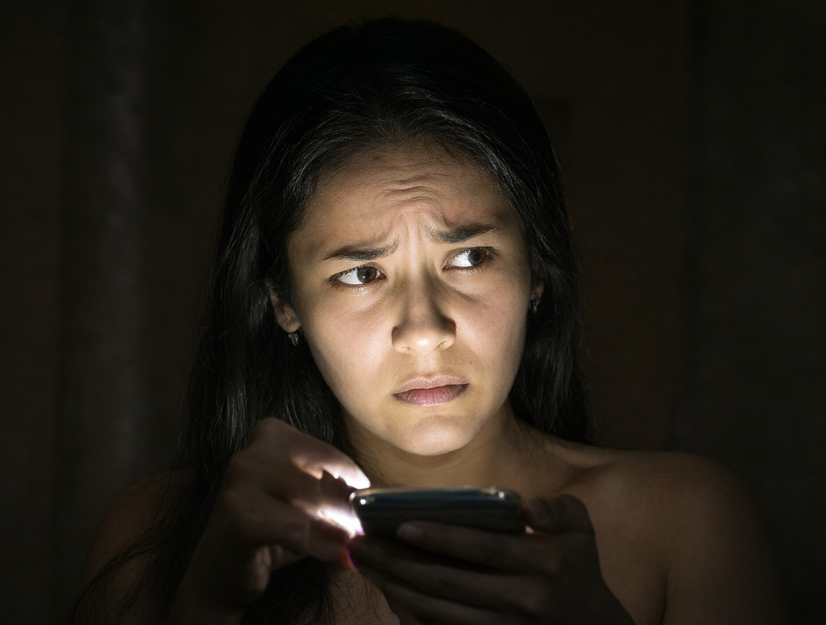 Persona mirando un teléfono con la app Bumble abierta