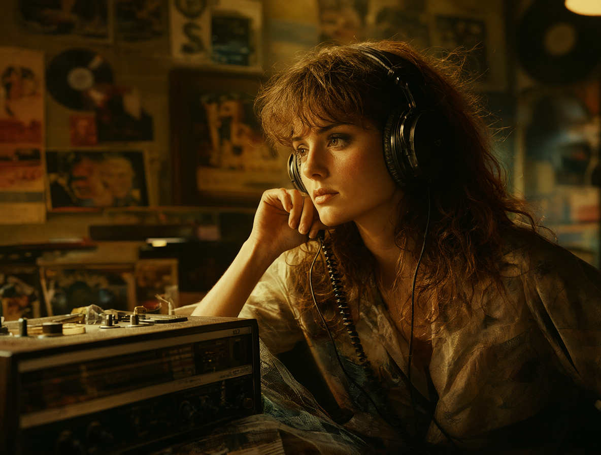 Mujer escuchando equipo de audio vintage bajo luz dorada en una escena nostálgica de los 90