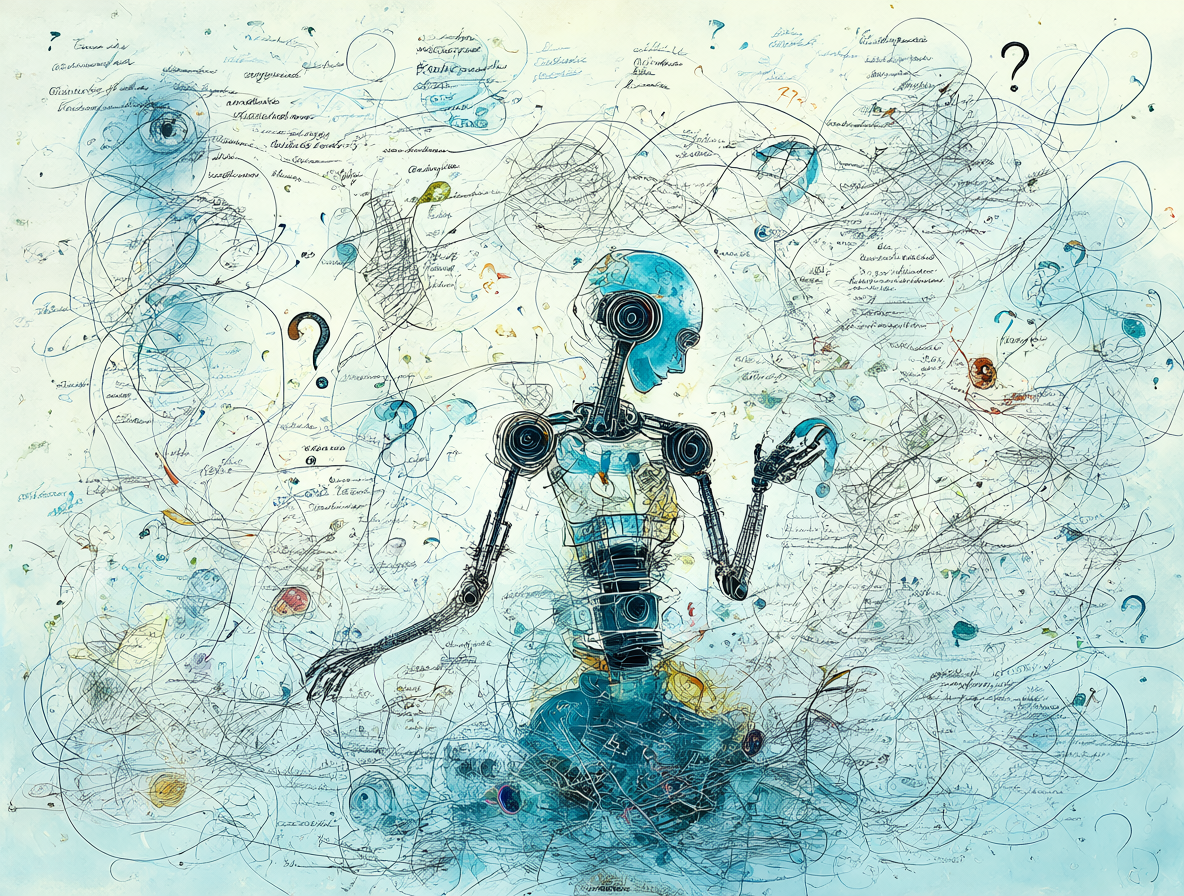 Ilustración de una figura robótica rodeada de líneas de texto y signos de interrogación sobre fondo oscuro.