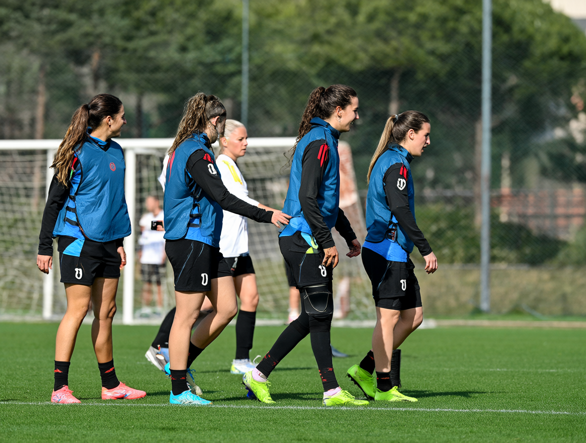 Equipo de fútbol Juventus femenino entrenando en el campo de juego.