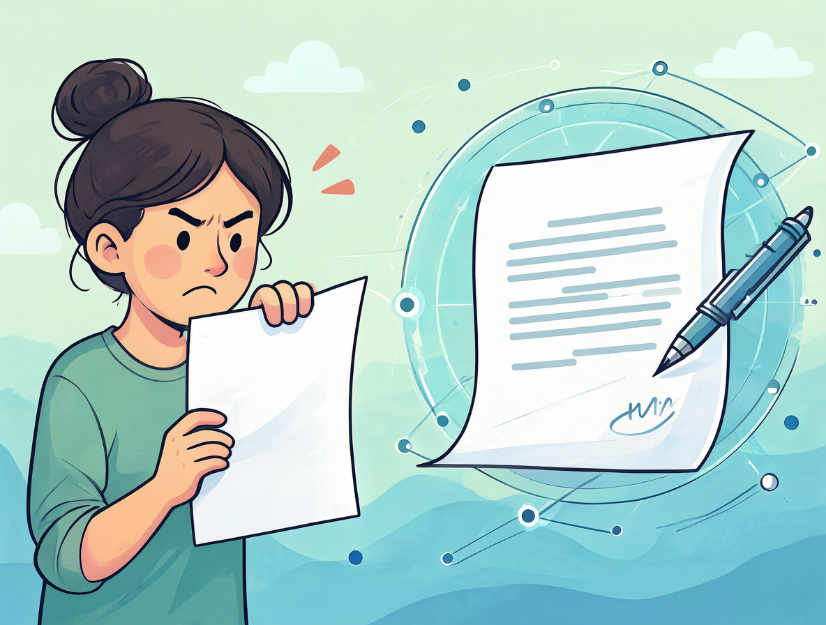 Una ilustración que muestra la frustración ante un documento oficial mientras se utiliza una herramienta digital para pedir claridad sobre una decisión institucional.