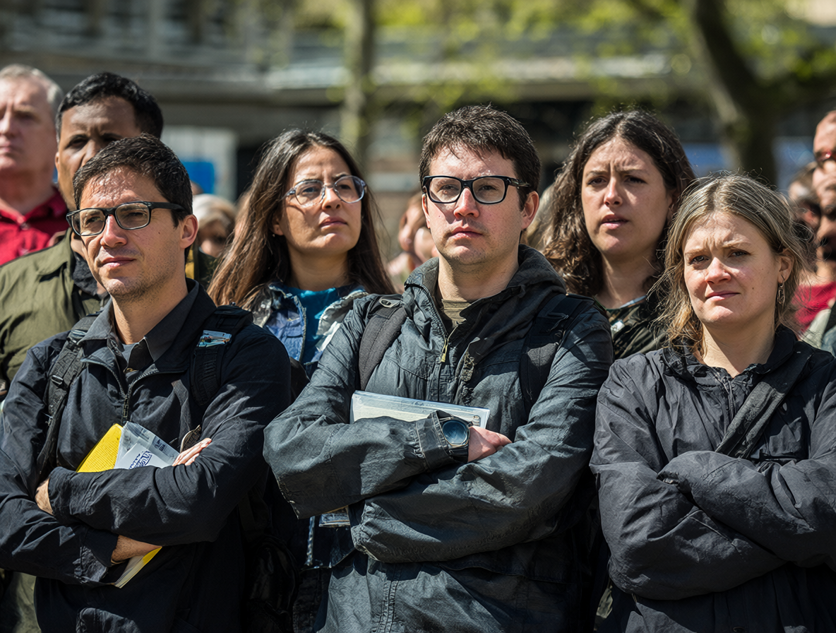 Grupos de personas en un espacio público mostrando actitudes contradictorias sobre su conocimiento.