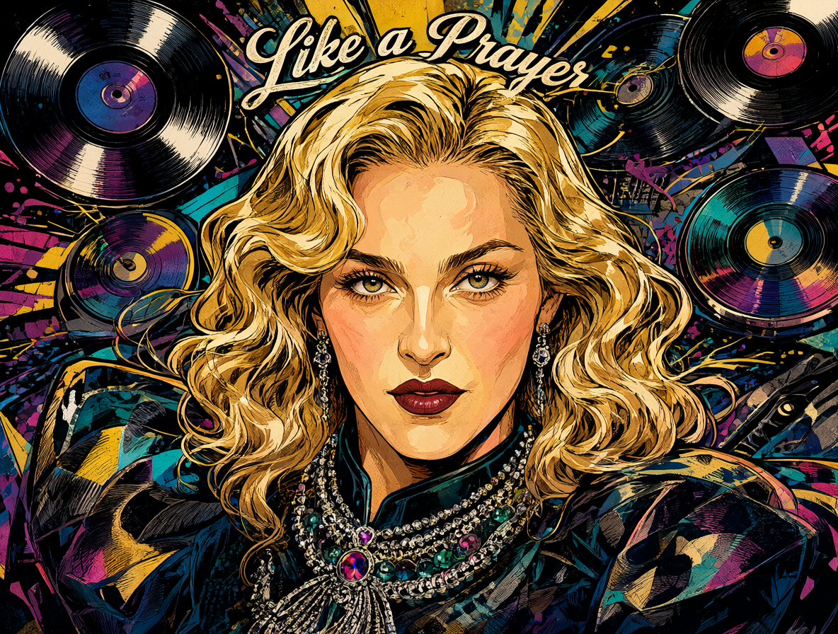 Retrato artístico de Madonna con elementos de música pop.