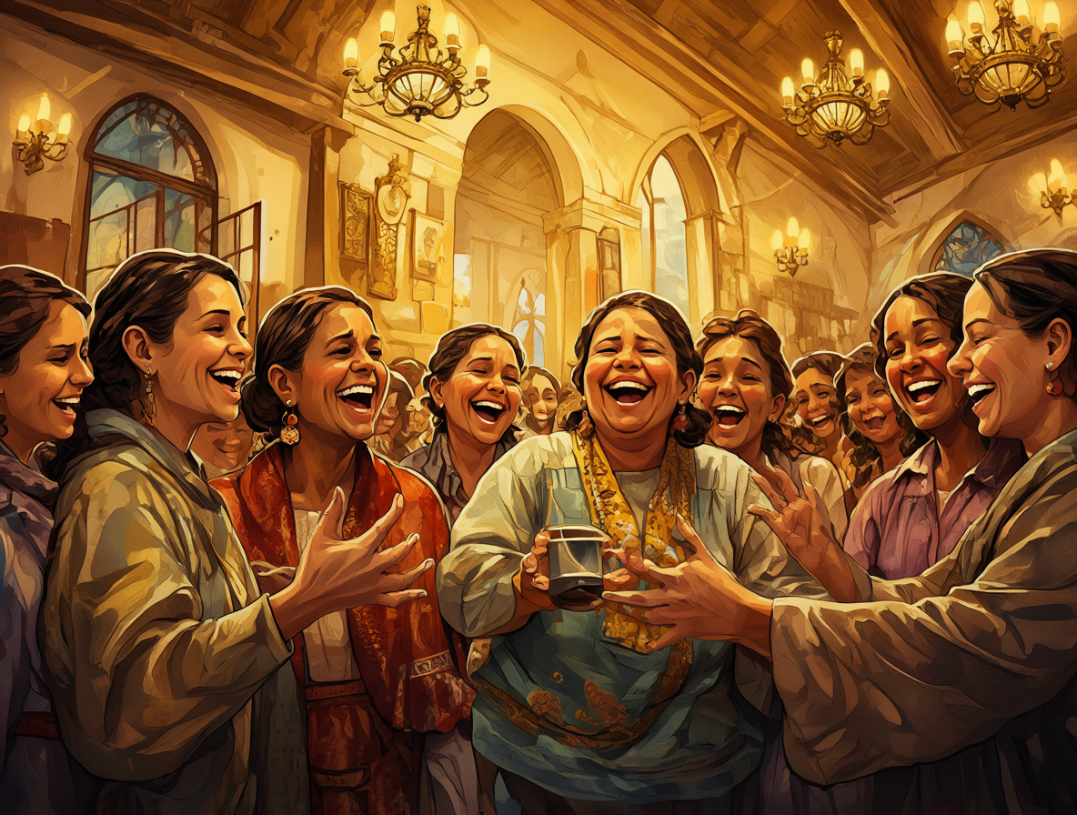 Grupo de mujeres reunidas en una iglesia compartiendo risas y conexión espiritual