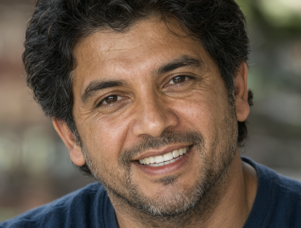 Close-up of Bernardo Mora Lara speaking with determination and a warm smile.