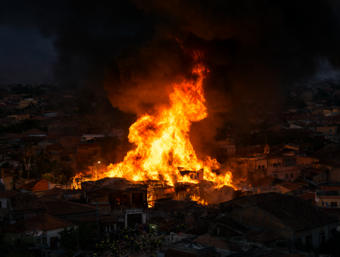 Vista aérea dramática de un barrio residencial envuelto en llamas y humo negro, con bomberos luchando contra el fuego infernal.