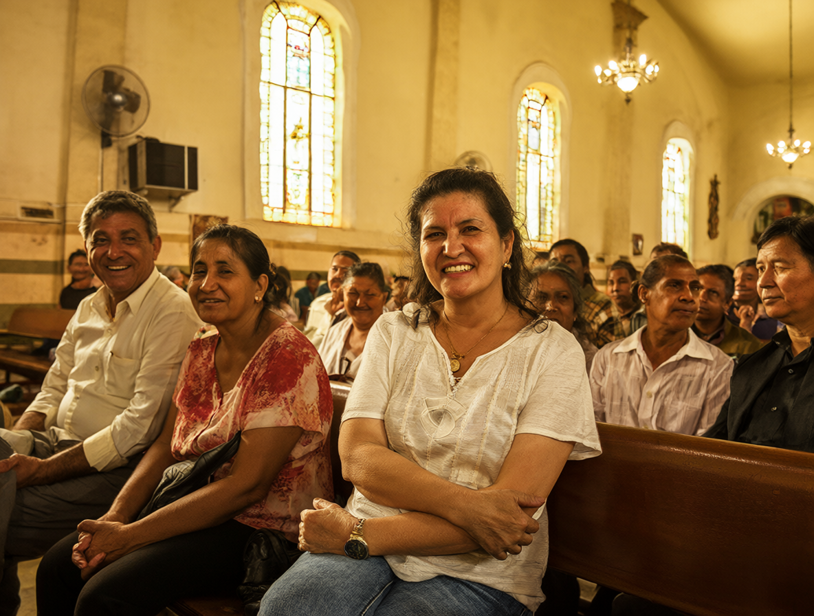 Retrato de una mujer llamada Claudina sentada en un banco dentro de una iglesia evangélica, rodeada por otros miembros de la congregación.