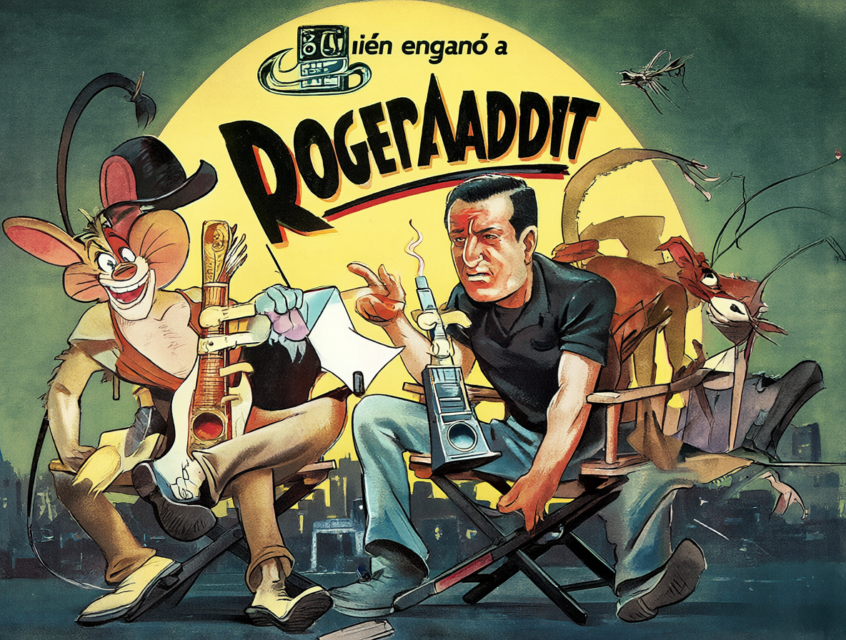 Roger Rabbit sentado en una silla de cine con el director Robert Zemeckis, ilustrando la mezcla de actores y dibujos animados.