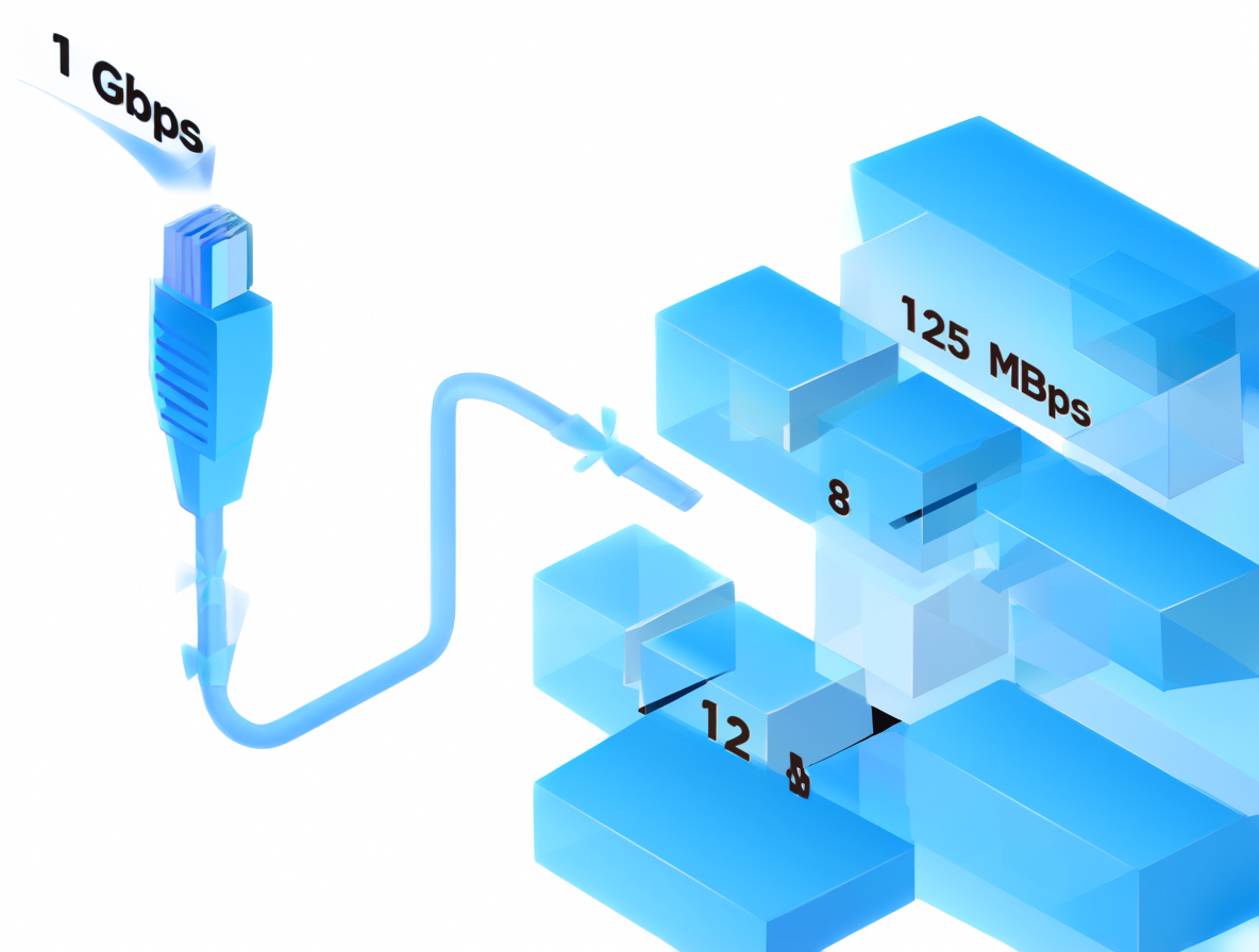 Diagrama mostrando cómo un cable de 1 Gbps se convierte en 125 MBps mediante la división por 8.