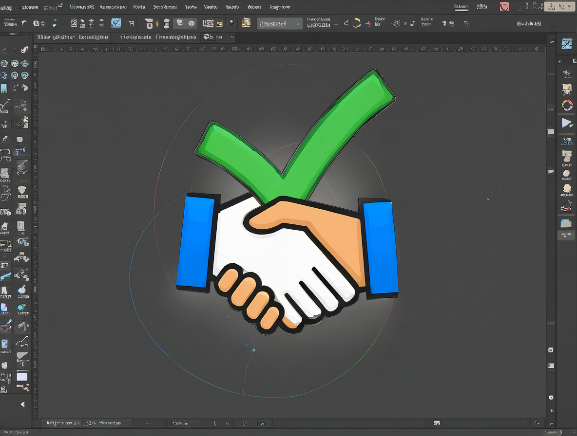 Vista del lienzo de Adobe Illustrator mostrando la construcción de un ícono que combina un apretón de manos y una marca de verificación.