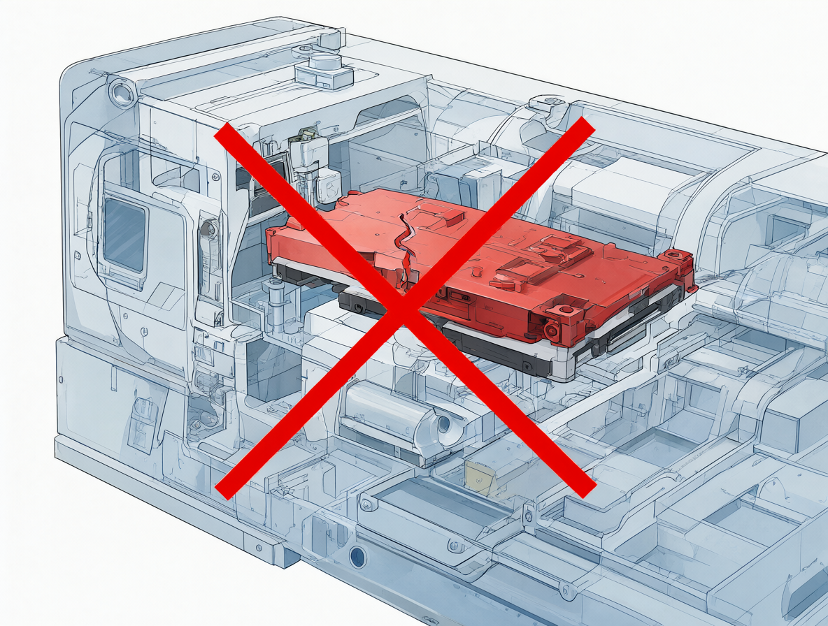 Ilustración de un equipo tecnológico incompleto marcado con una X roja