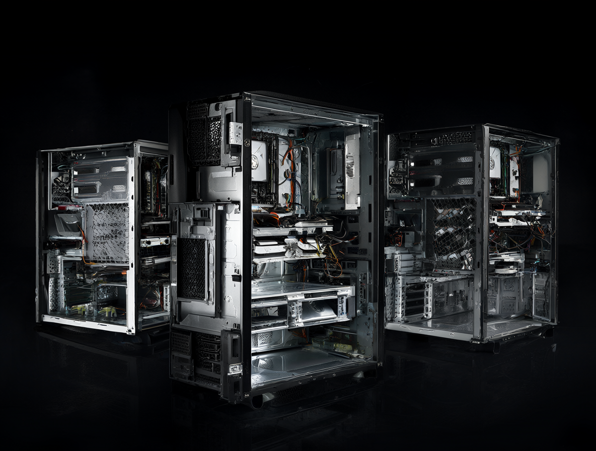 Vista detallada de gabinetes de PC con bahías de 5.25 pulgadas y 3.5 pulgadas expuestas.