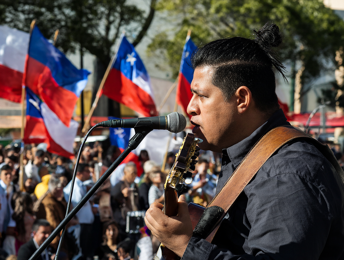Músico tocando una guitarra acústica frente a una congregación festiva.