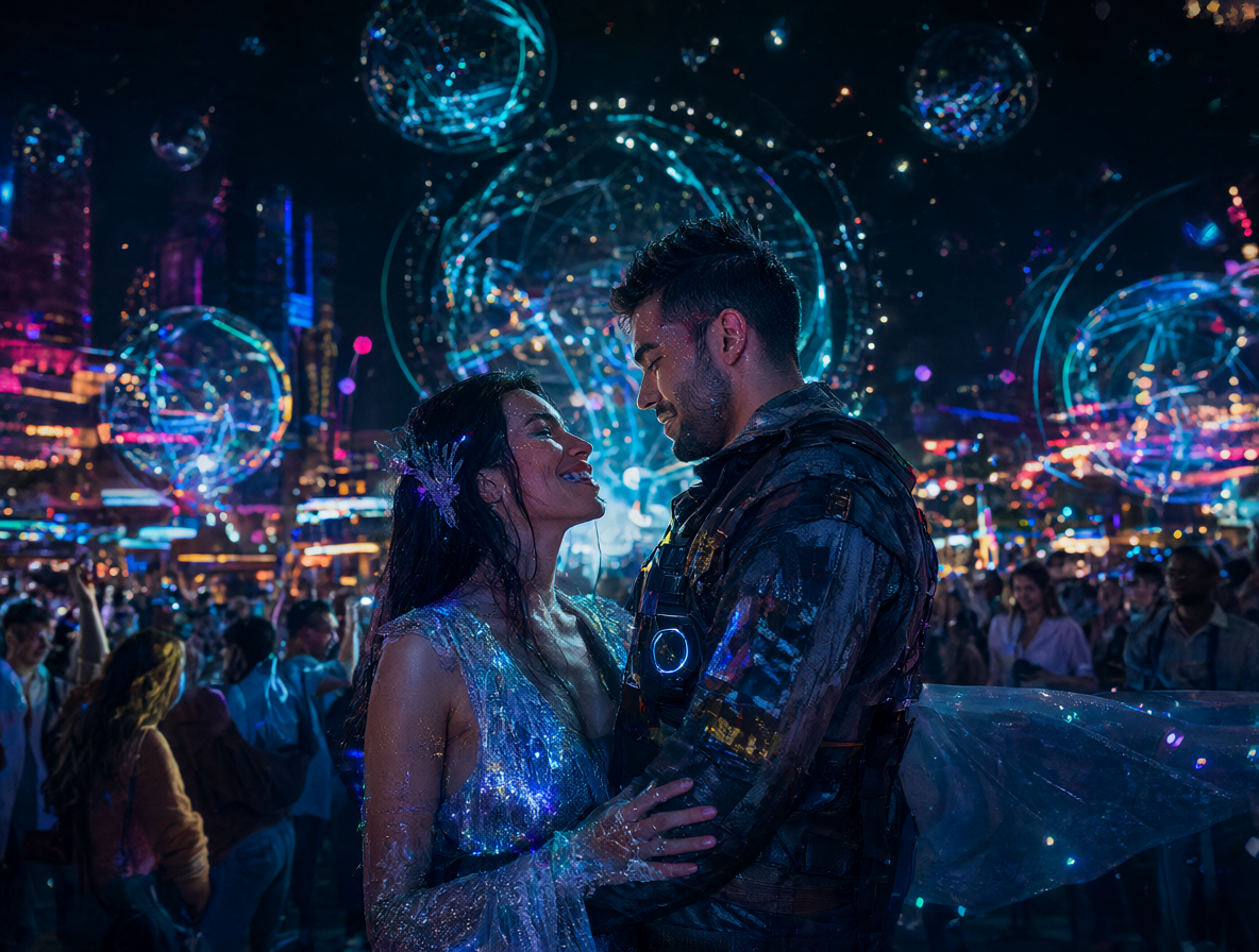 Pareja romántica en un entorno futurista rodeado de tecnología
