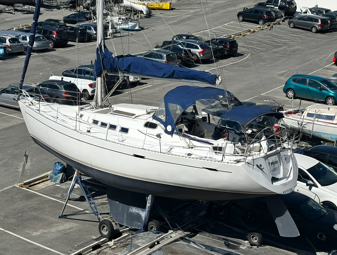 Un velero blanco llamado BATIDA estacionado en un puerto con coches al fondo.
