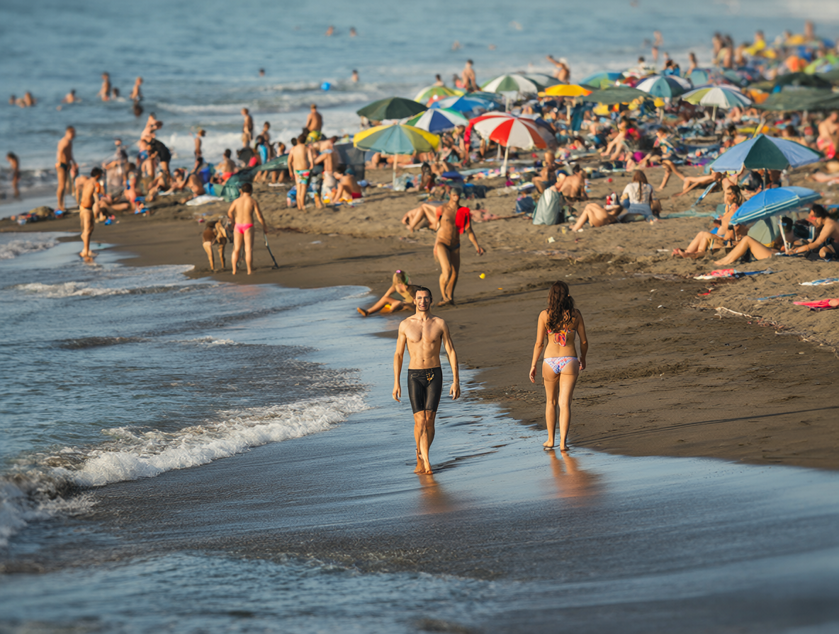 Vista de un hombre y una mujer paseando por una playa oscura llena de gente bajo el sol.