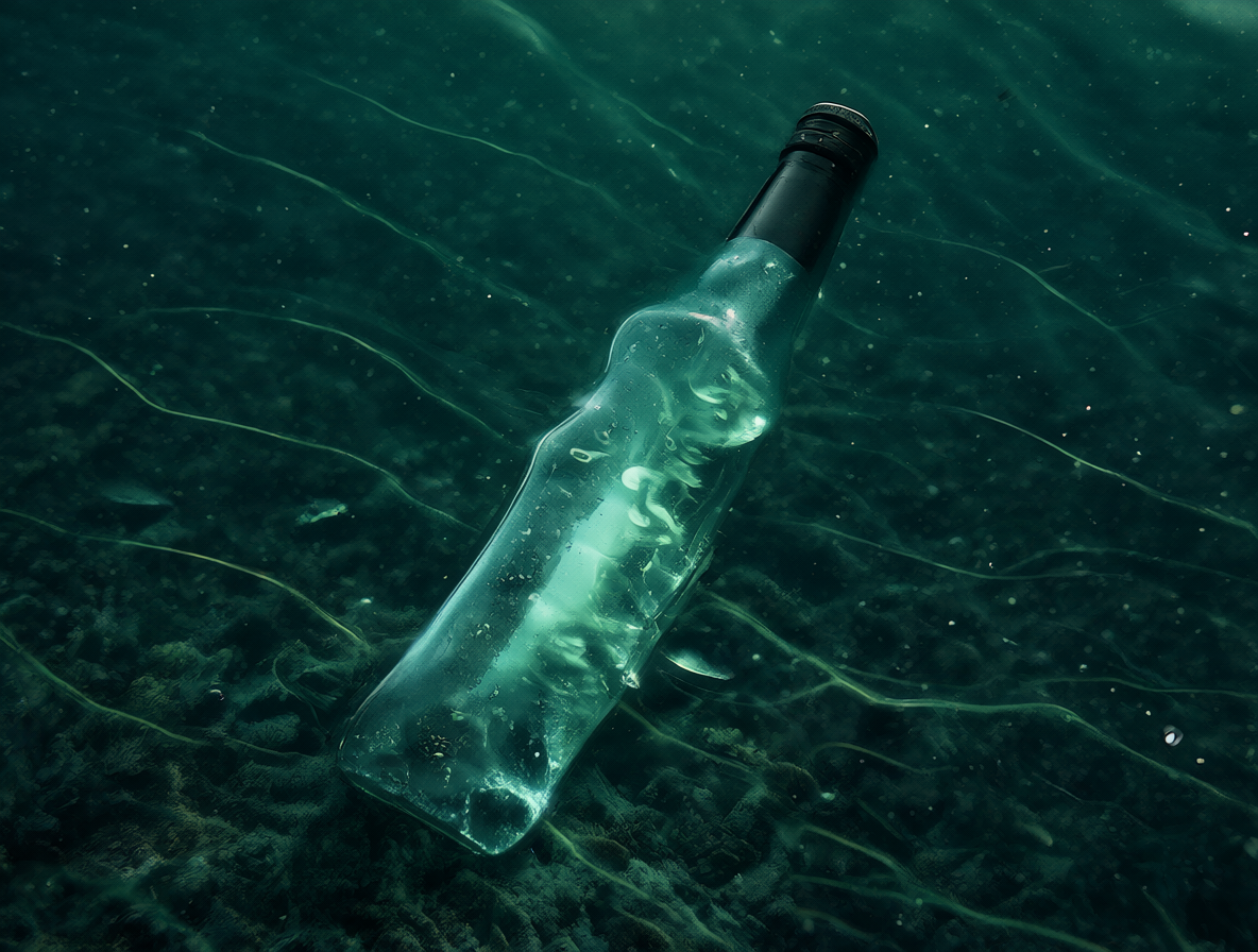 Botella de vidrio en el lecho marino profundo rodeada de agua oscura y líneas de presión