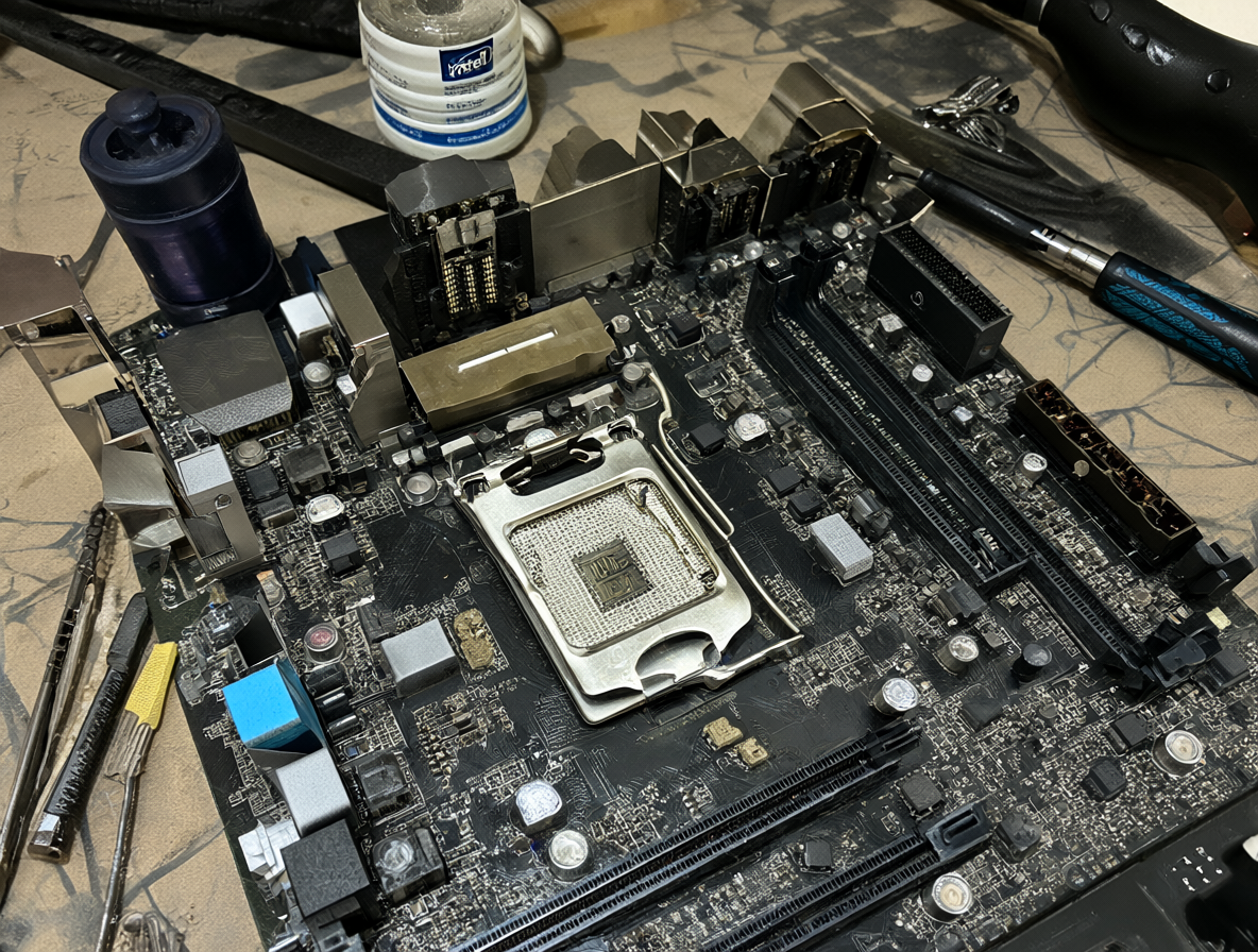 Plano detallado de un procesador Intel montado en una placa base con el socket LGA 1700 expuesto, rodeado de herramientas de montaje como destornilladores y una botella térmica.