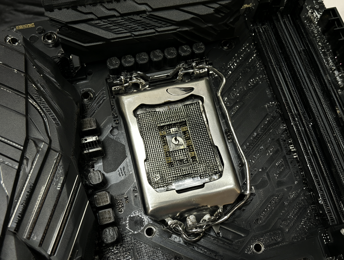 Vista detallada de una placa madre Gigabyte mostrando el área del socket y los puertos SATA.
