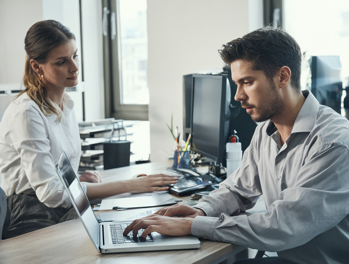 Dos personas trabajando en sus escritorios con diferentes tipos de computadoras.