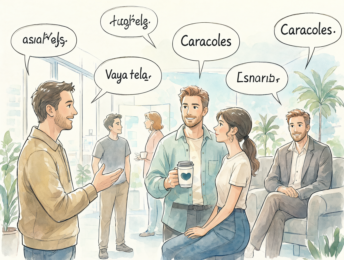 Dos personas conversando con burbujas de texto que contienen frases suaves.
