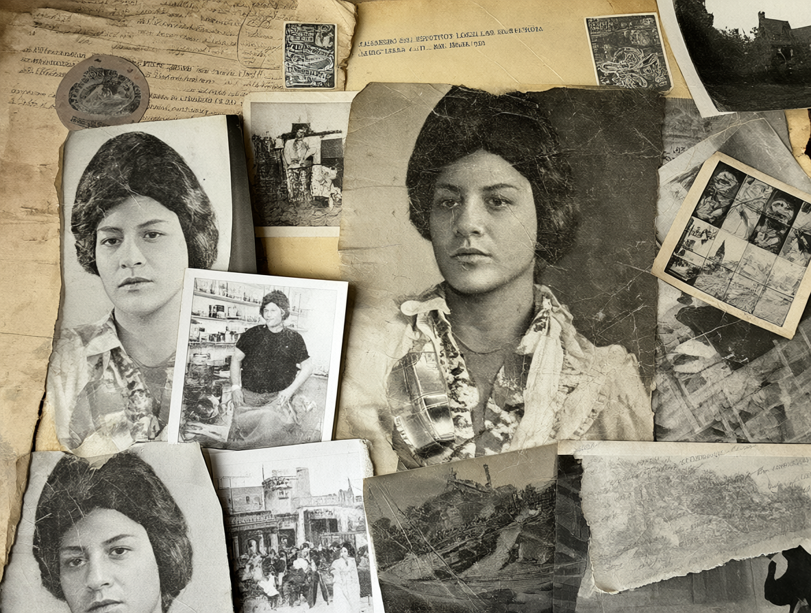 Retrato histórico de Estela Inés Oesterheld junto a documentos históricos sobre desaparecidos.
