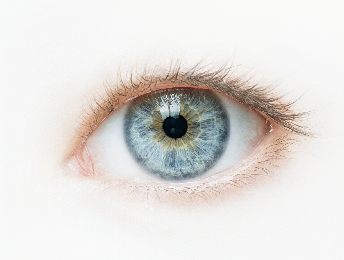 Un primer plano de un ojo humano claro y brillante en un fondo blanco.