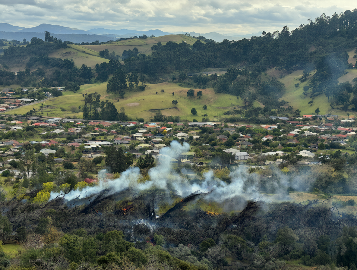 Comunidades indígenas junto a maquinaria forestal destruida en un bosque