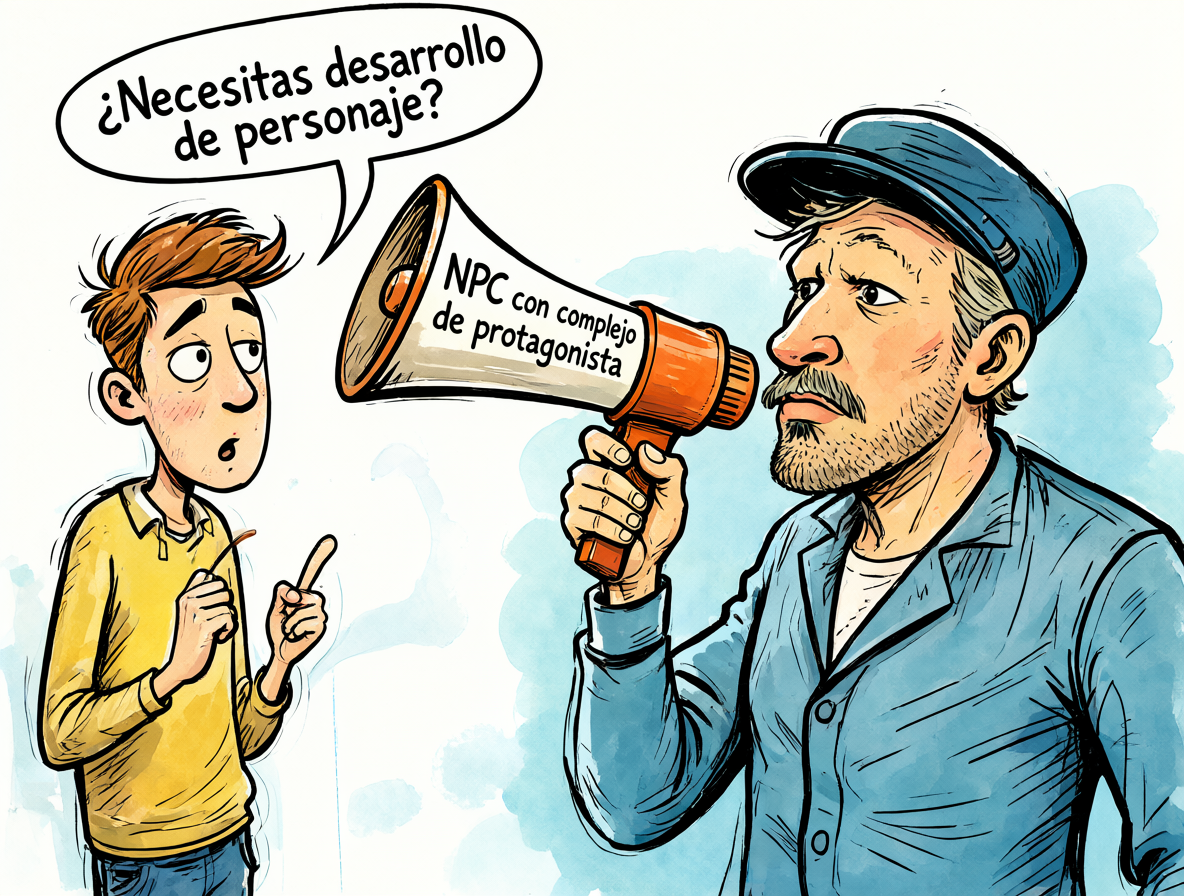Ilustración humorística de una persona ofreciendo 'desarrollo de personaje' a otra que sostiene un megáfono marcado como NPC con complejo de protagonista.