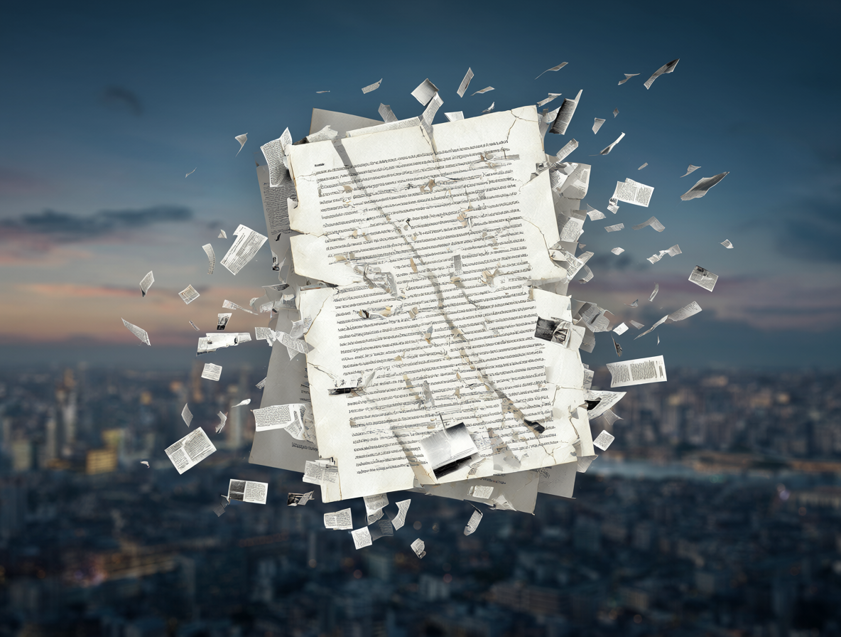 Ilustración de un manuscrito siendo analizado con fragmentos de texto flotando, simbolizando el debate sobre la publicación de novelas LGTBIQ+.