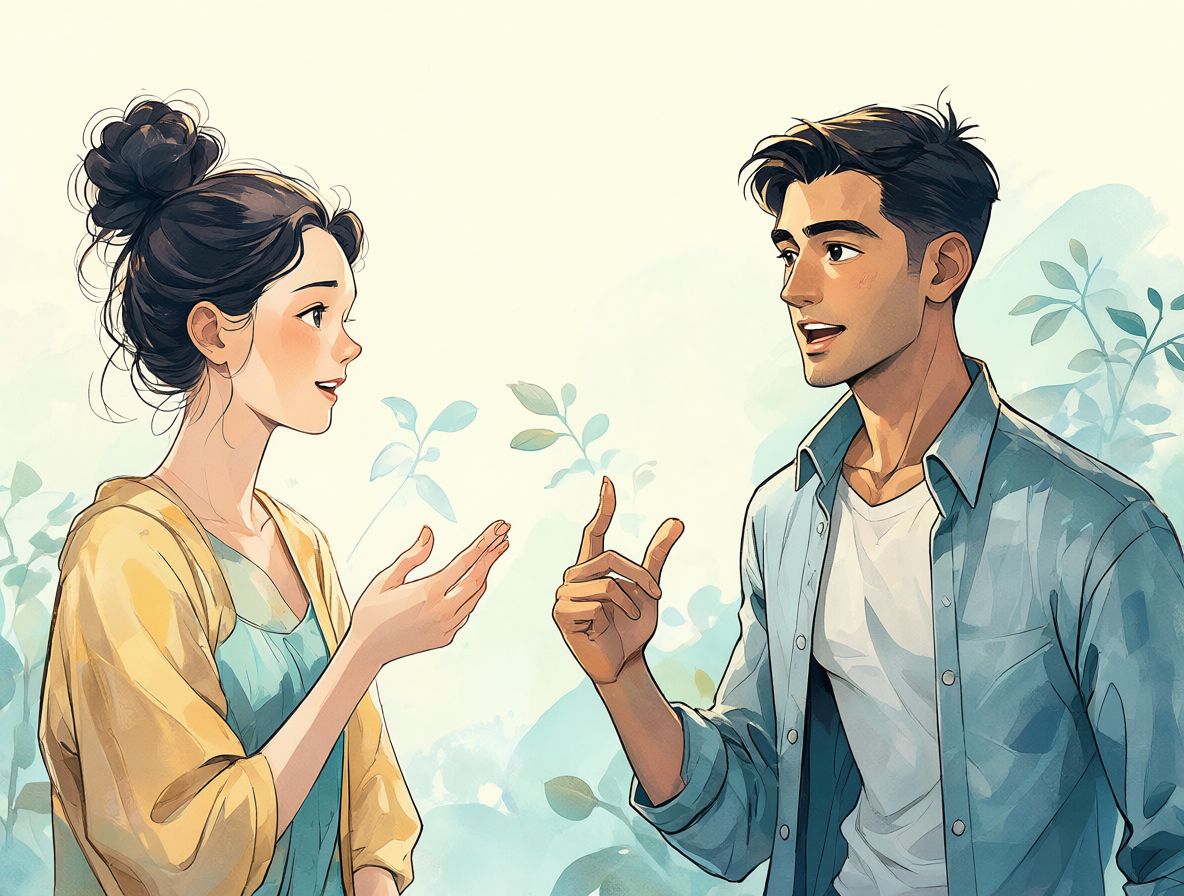 Ilustración de figuras humanas conversando y una figura de IA analizando su diálogo.