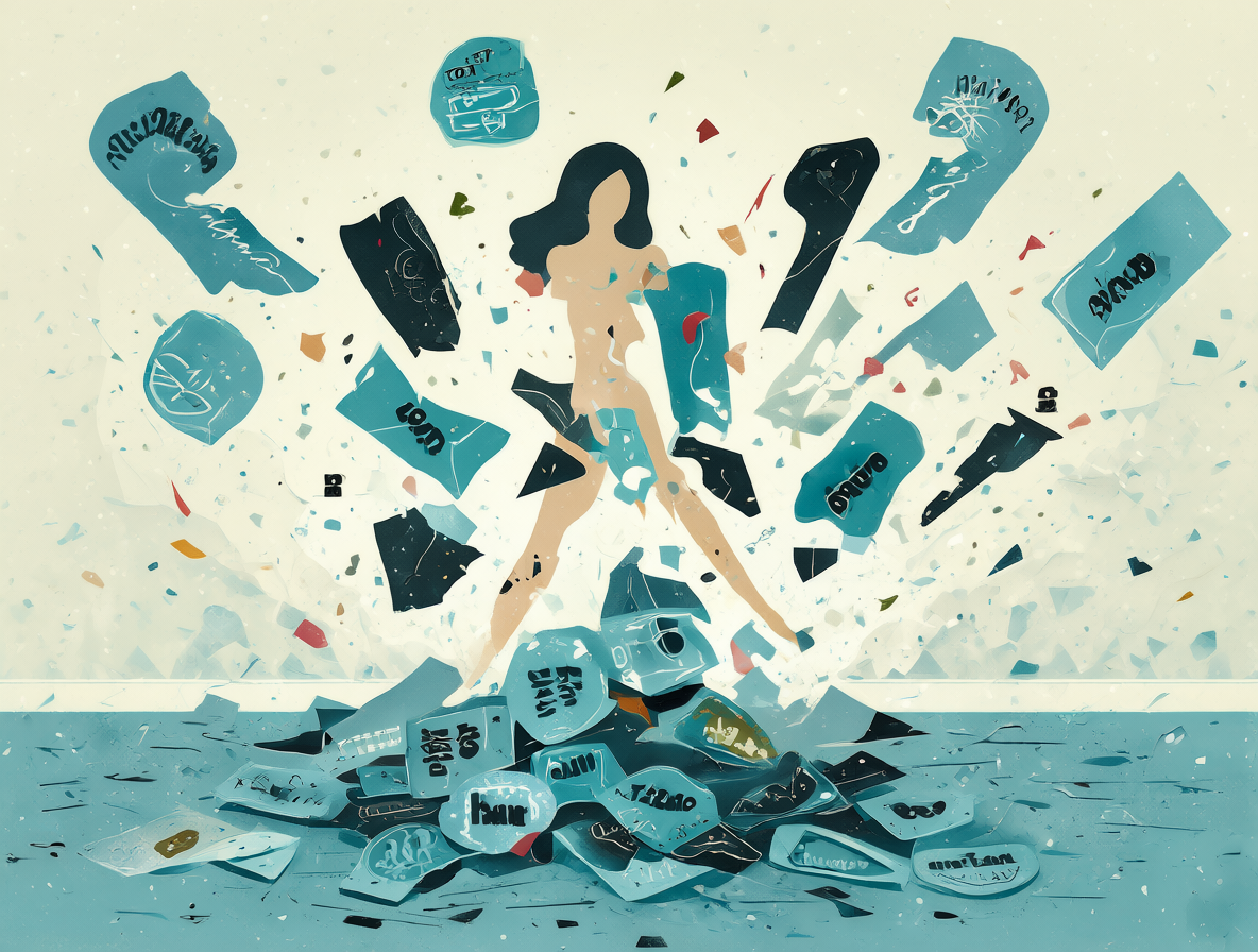 Imagen conceptual donde etiquetas negativas sobre las mujeres se rompen para mostrar estadísticas reales.
