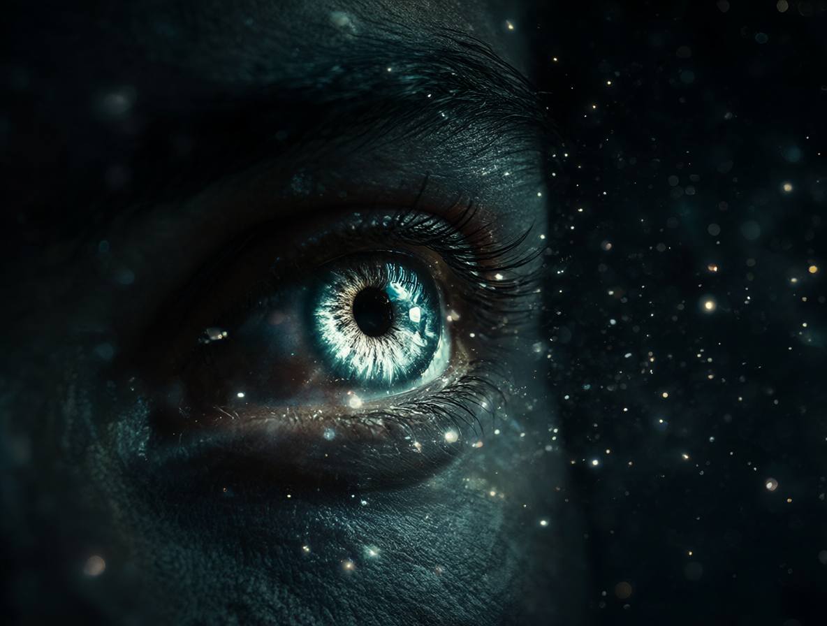 Un primer plano de un ojo humano observador rodeado de luz y polvo brillante.