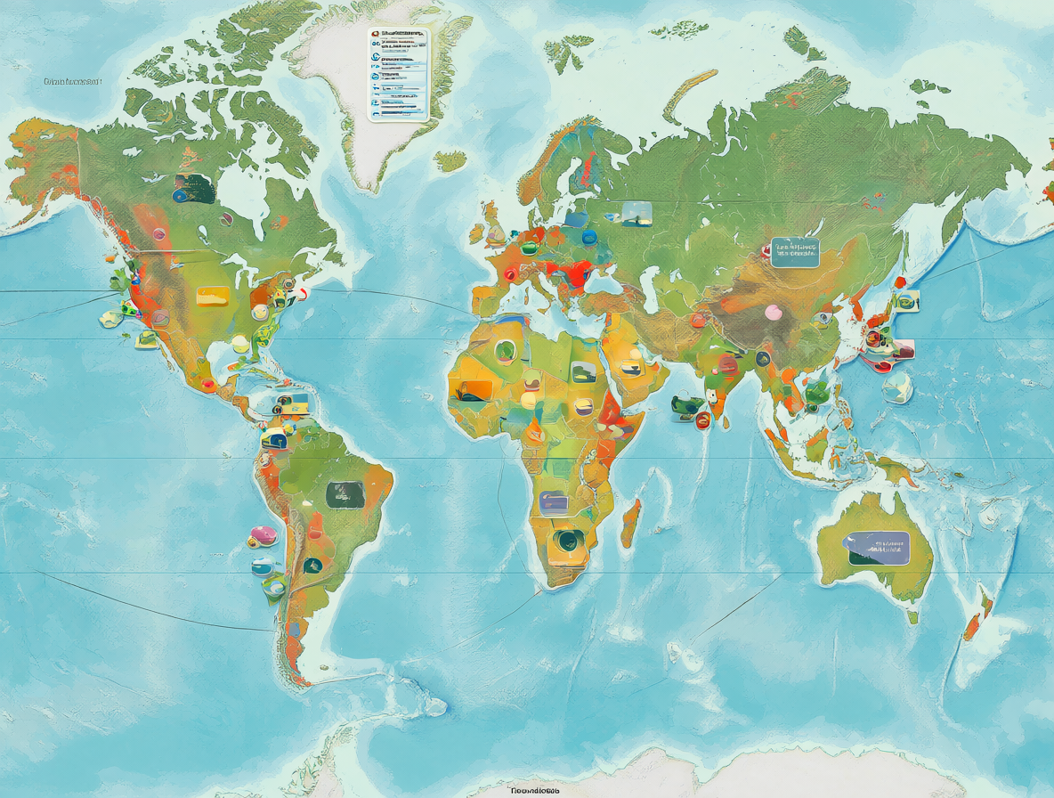 Mapa mundial con marcadores de diferentes países y sus contextos políticos
