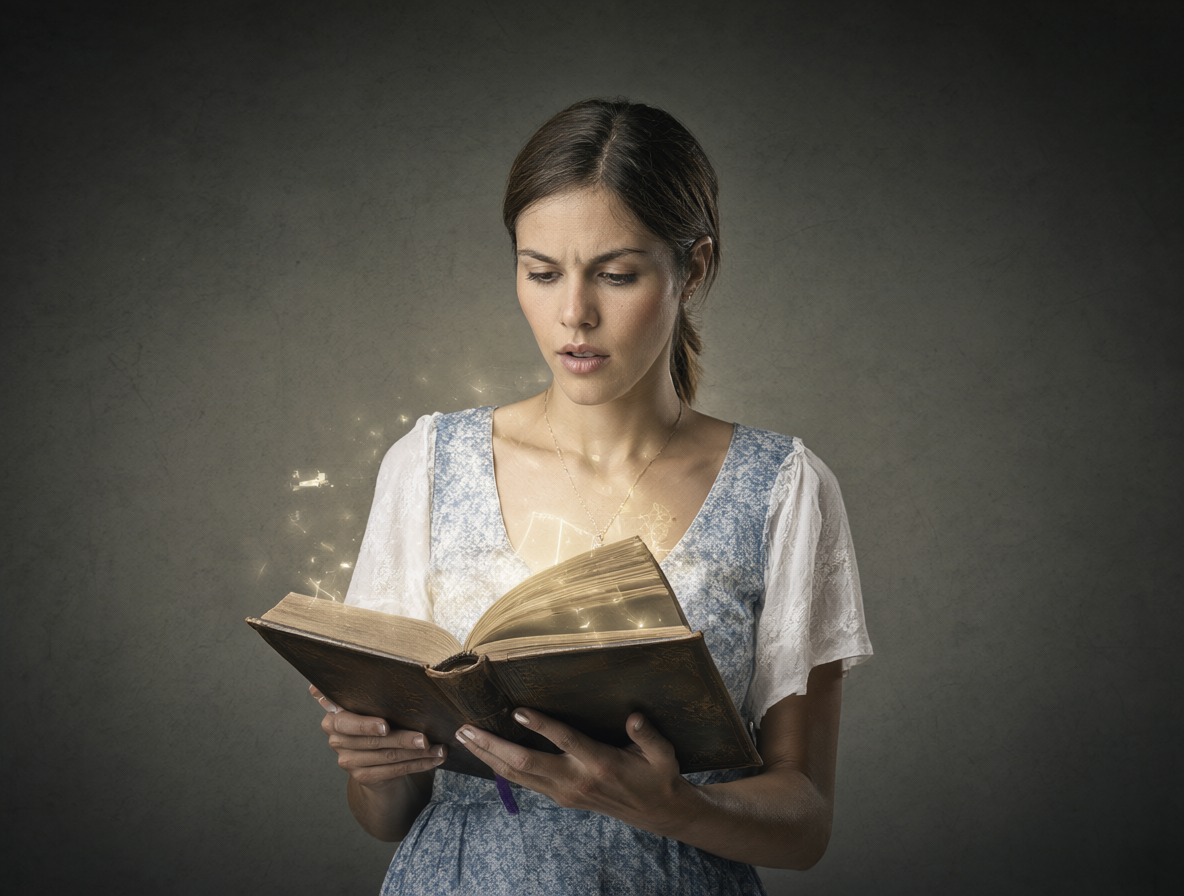 Mujer embarazada sosteniendo un libro antiguo y dudoso