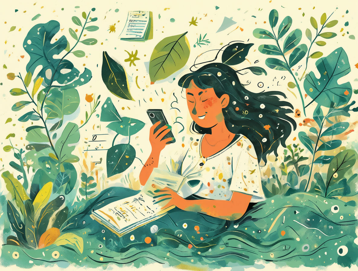 Ilustración amigable de alguien escribiendo en un teléfono con elementos decorativos alegres