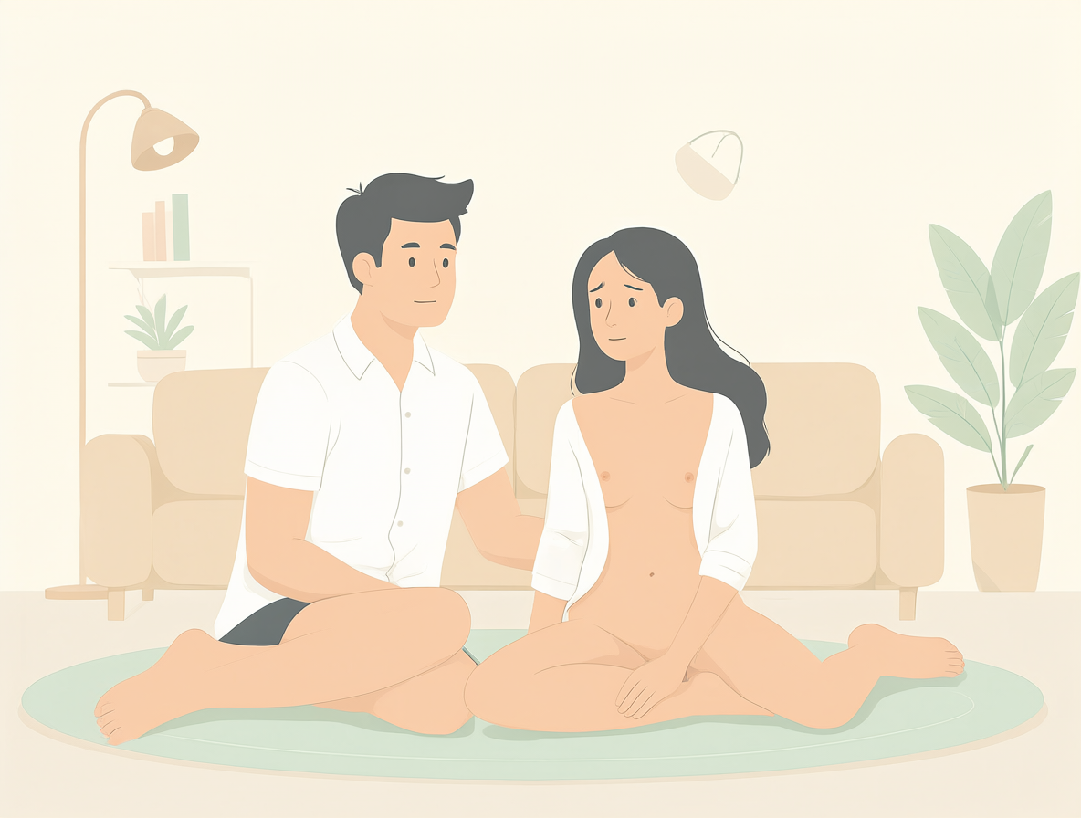 Ilustración educativa sobre la dinámica de desnudez parental en el hogar, mostrando a una familia joven interactuando con respeto y naturalidad en un salón luminoso.
