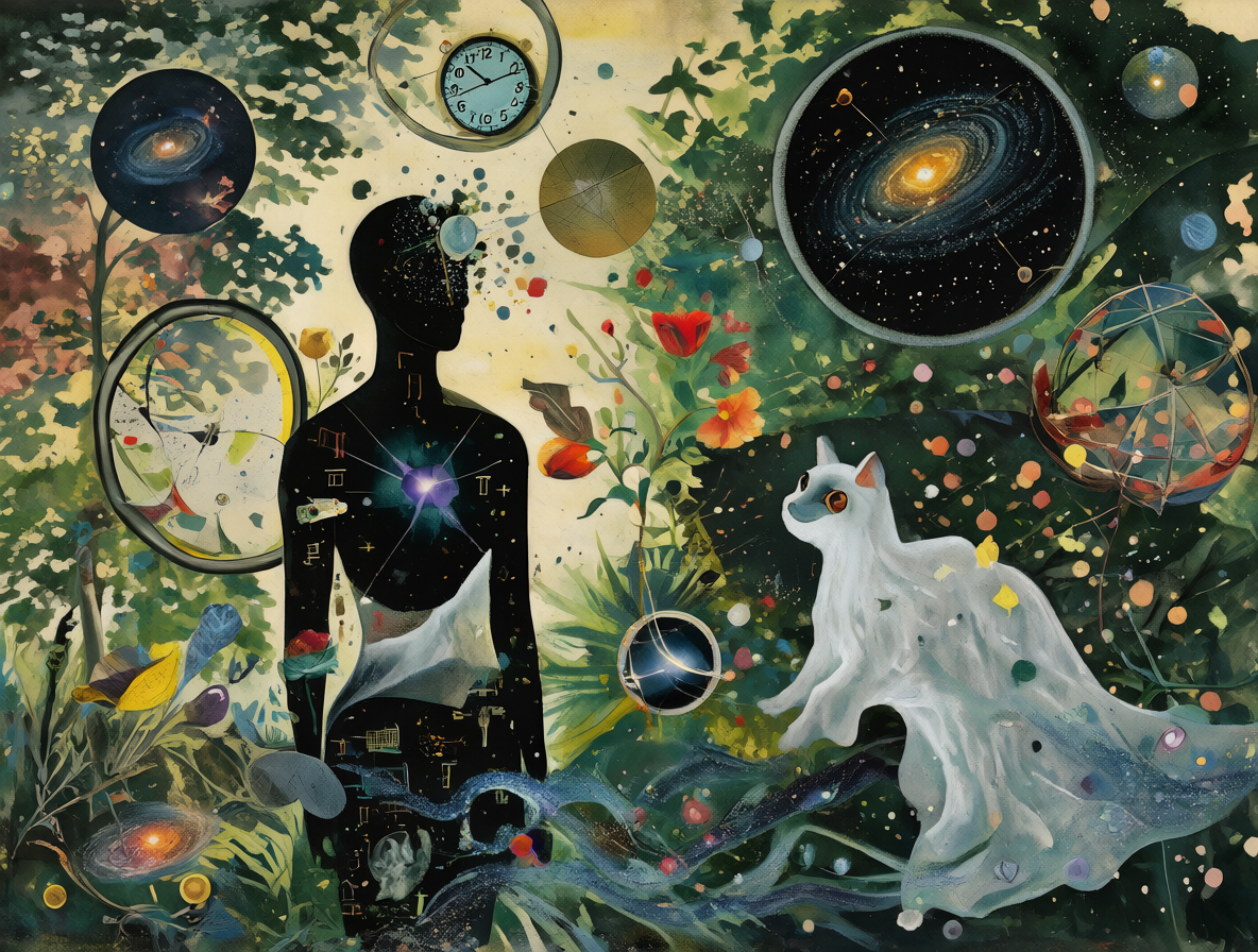 Collage artístico con símbolos de paradojas científicas como relojes, galaxias y un gato cuántico flotando alrededor de una silueta humana.