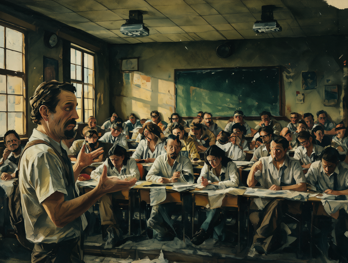 Profesor dando una charla apasionada sobre socialismo en un aula llena de estudiantes confundidos y distraídos.