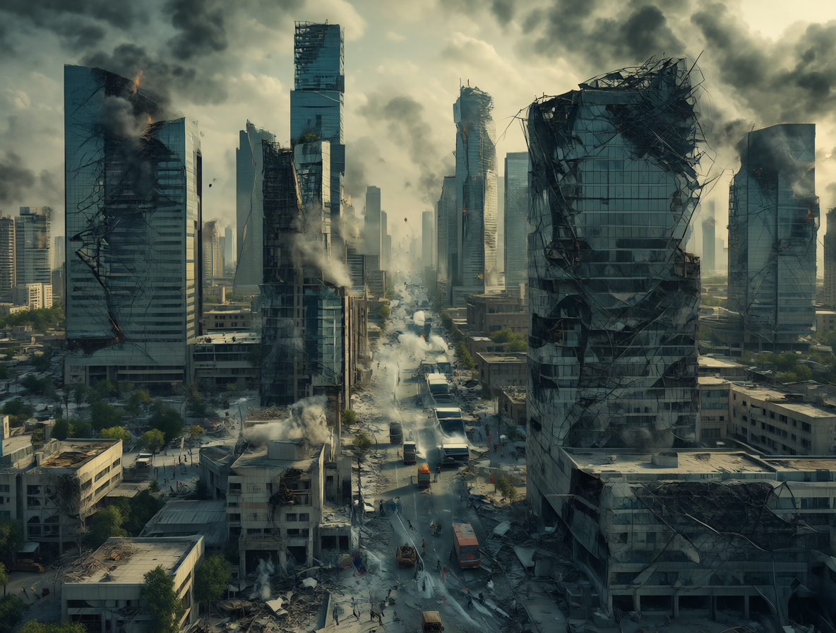 Vista de una ciudad en colapso económico con edificios dañados y humo.