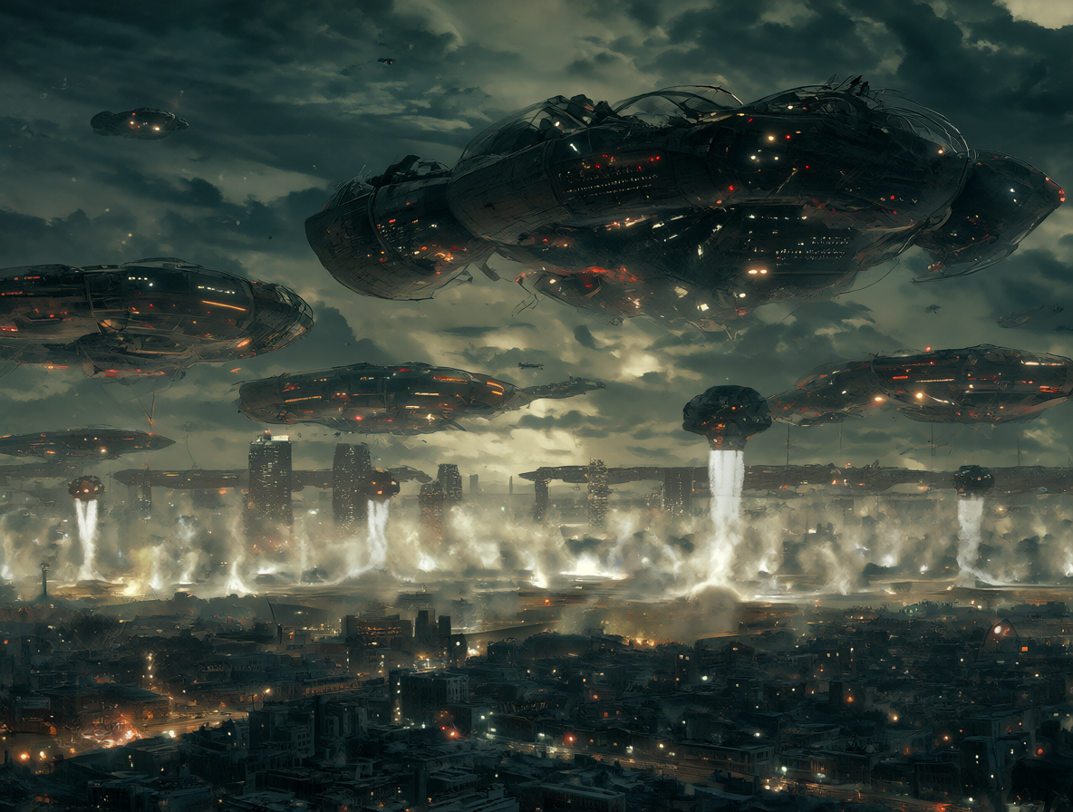 Naves extraterrestres aterrizando en una ciudad futurista.