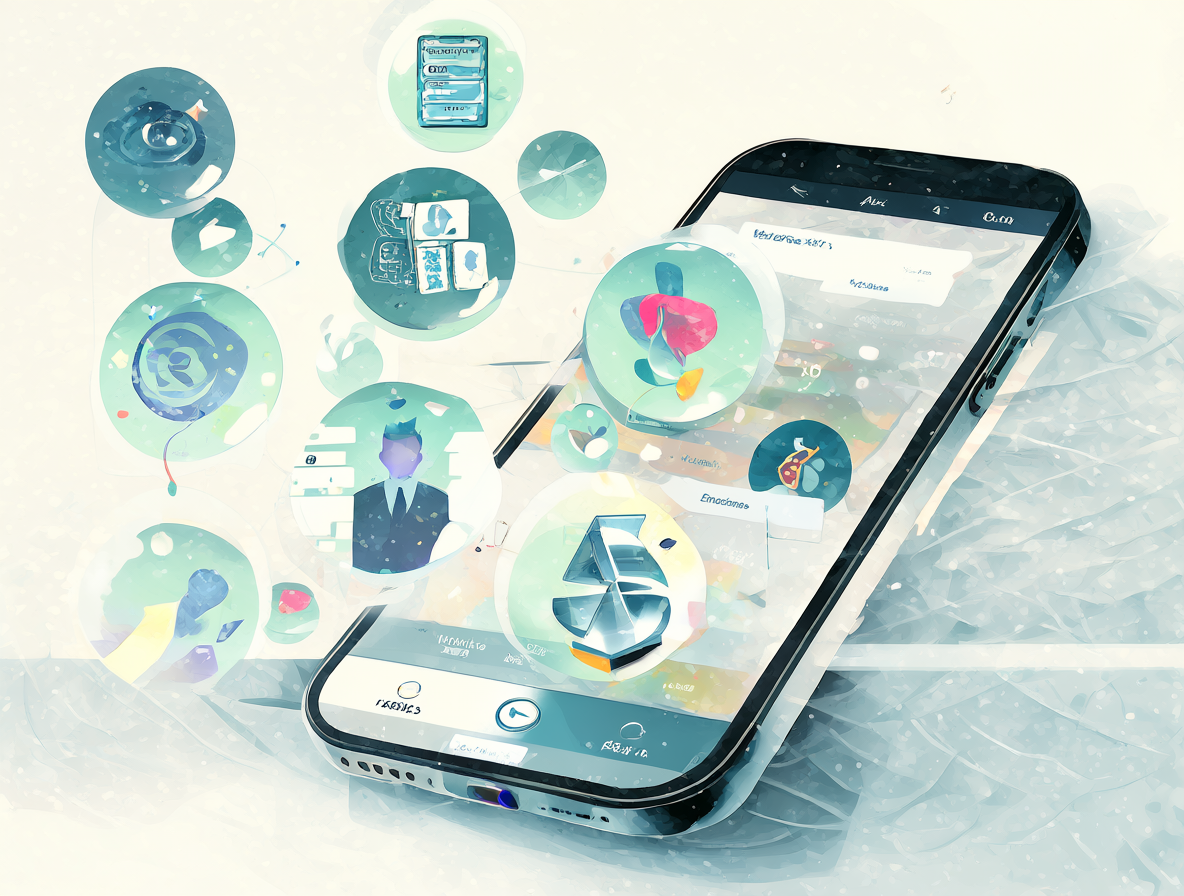 Ilustración de un teléfono móvil con iconos flotantes representando rasgos de personalidad digital