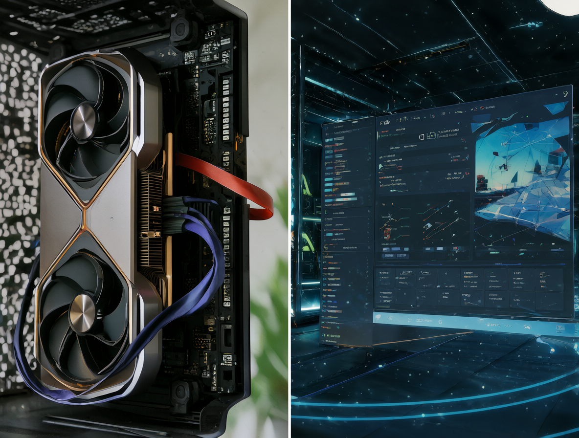 Split-screen comparison of a desktop PC with an RTX 4090 GPU on one side and a cloud server interface on the other, emphasizing the difference in quality and speed between local and cloud AI video generation.