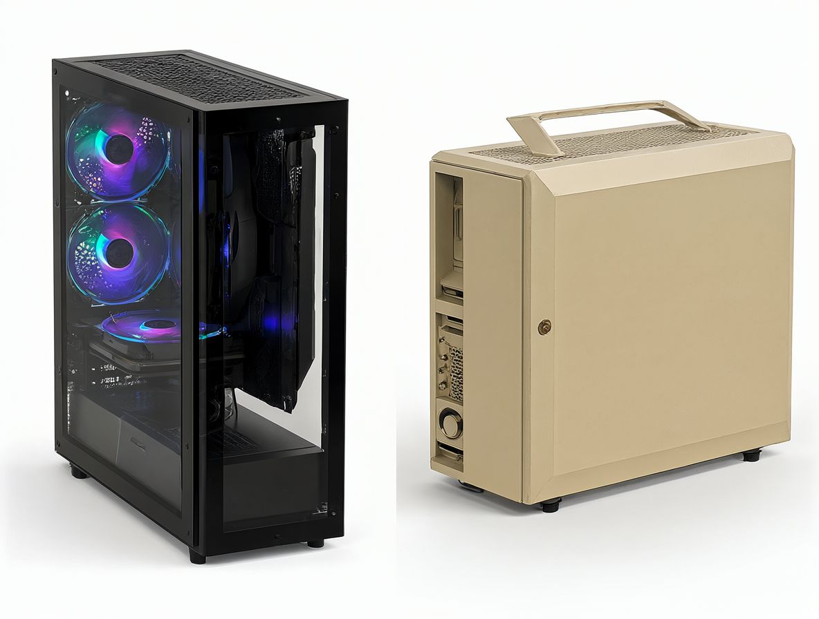 Gabinete moderno con vidrio y luces junto a un gabinete vintage beige cuadrado