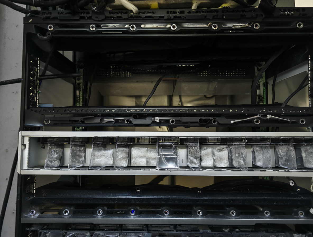Interior de gabinete PC con bahías abiertas y filtros