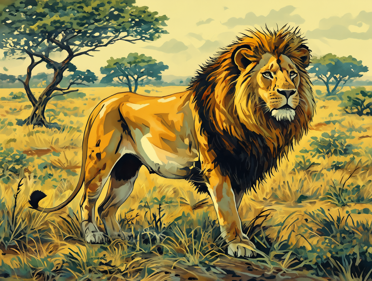 Un león macho de pelaje dorado con una gran y densa melena oscura alrededor del cuello y la cabeza, mirando fijamente al espectador en un entorno de sabana soleada.